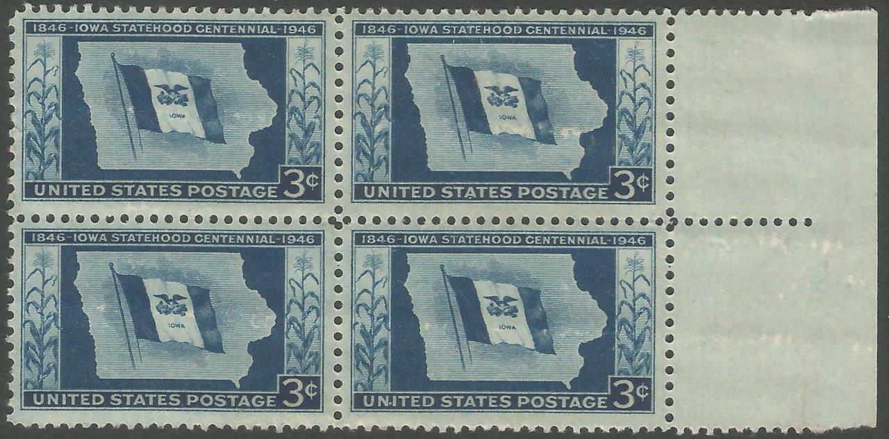 1946 Iowa Statehood Plate Block of 4 3c Postage Stamps - MNH, OG - Scott 942