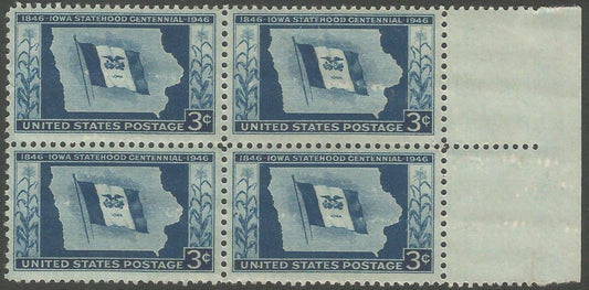 1946 Iowa Statehood Plate Block of 4 3c Postage Stamps - MNH, OG - Scott 942