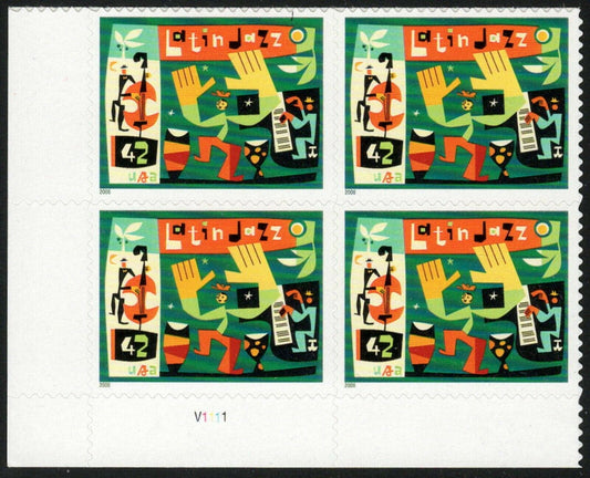 2008 Latin Jazz Plate Block of 4 42c Postage Stamps - Scott 4349 - MNH - DM130a