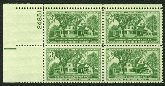 1953 Sagamore Hill Home Of Teddy Roosevelt Plate Block of 4 3c Postage Stamps - MNH, OG - Scott 1023
