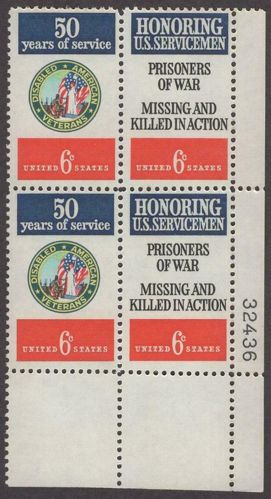 1970 Honoring US Servicemen Plate Block Of 4 6c Postage Stamps - Scott 1421-1422 - MNH, OG - CX517
