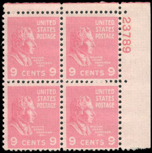 1938 President William H. Harrison Plate Block of 4 9c Postage Stamps -  Sc# 814 - MNH,OG