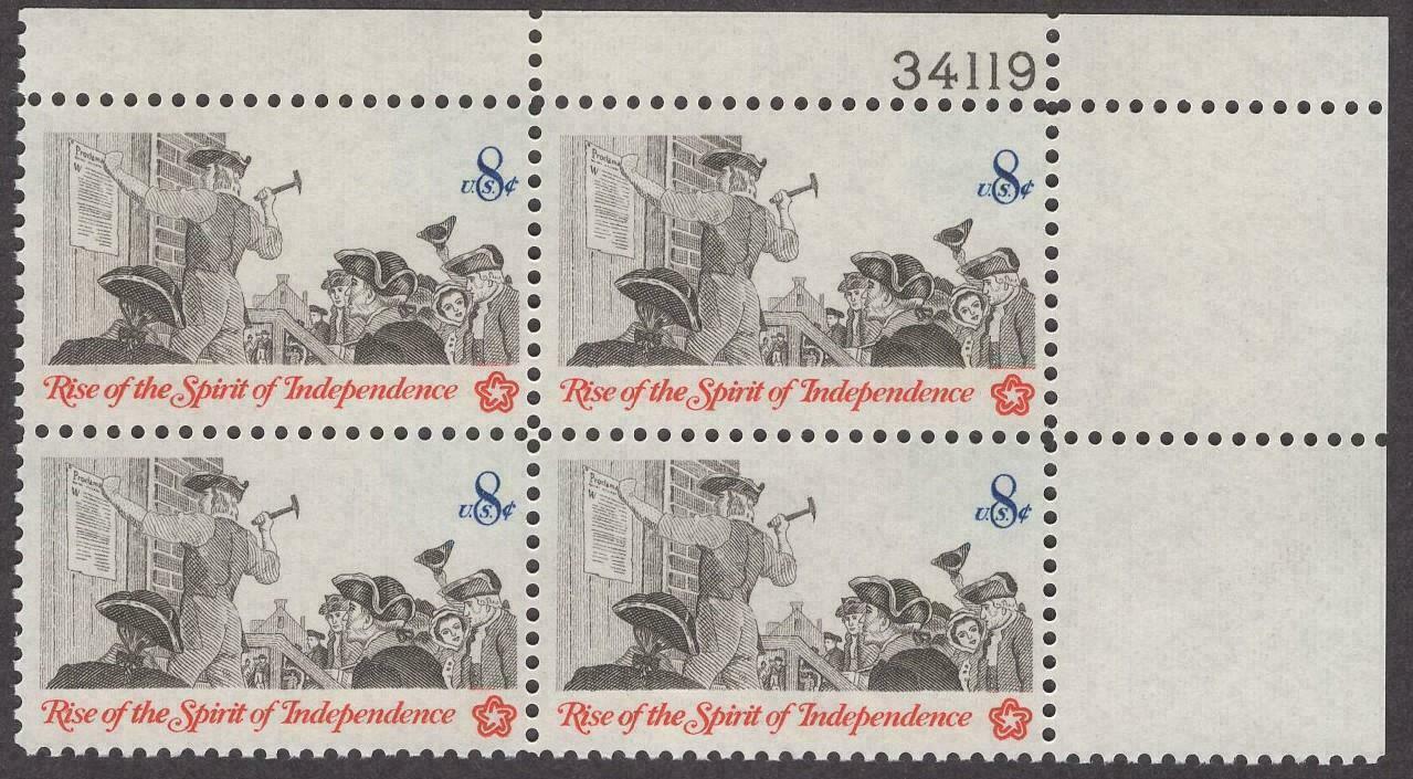 1973 Independence Posting A Broadside Plate Block Of 4 8c Postage Stamps - Scott 1477 - MNH, OG - CX555