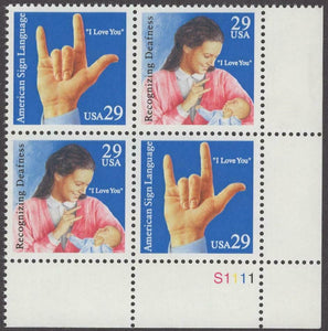 1993 American Sign Language Plate Block Of 4 29c Postage Stamps - Sc# 2783-2784, MNH - QQ119
