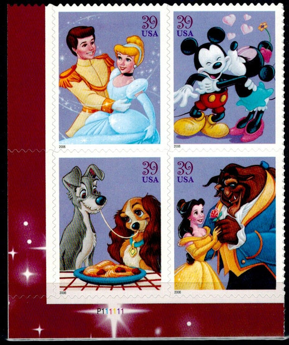 2006 Disney Romance Plate Block Of 4 39c Postage Stamps -Sc# 4025-4028 - MNH - CX803