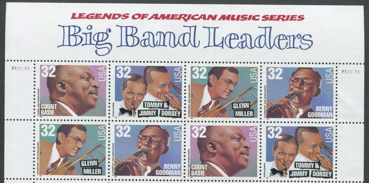 1996 Big Band Leaders Block Of 8 32c Postage Stamps With Header - MNH, OG - Scott 3096-3099 - CX390