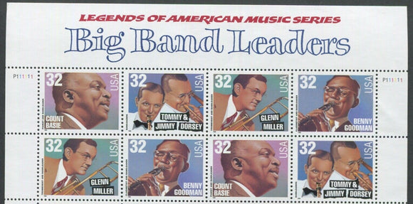 1996 Big Band Leaders Block Of 8 32c Postage Stamps With Header - MNH, OG - Sc# 3096-3099 - CX390