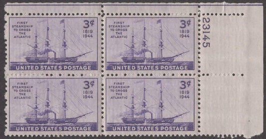 1944 First Steamship To Cross Atlantic Plate Block of 4 3c Postage Stamps - MNH, OG - Scott 923