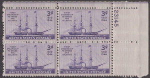 1944 First Steamship To Cross Atlantic Plate Block of 4 3c Postage Stamps - MNH, OG - Sc# 923