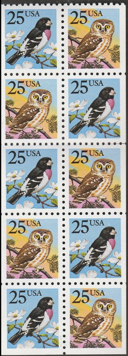 1988 - Grosbeak Bird & Owl Booklet Pane Of 10 25c Postage Stamps Scott 2284-2285, BK160 - MNH - CX829a
