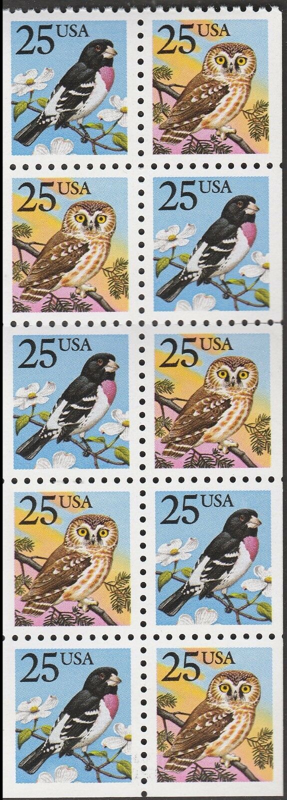 1988 - Grosbeak Bird & Owl Booklet Pane Of 10 25c Postage Stamps Sc# 2284-2285, BK160 - MNH - CX829a