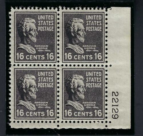 1938 President Abraham Lincoln Plate Block of 4 16c Postage Stamps - Scott 821 -  MNH,OG