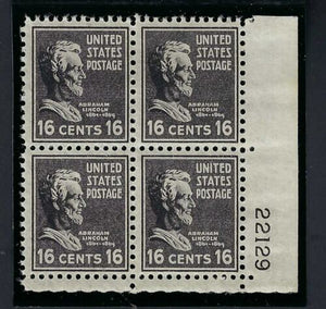 1938 President Abraham Lincoln Plate Block of 4 16c Postage Stamps - Sc# 821 -  MNH,OG