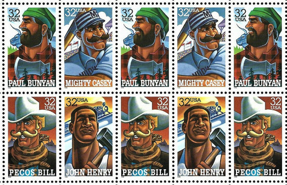 1996 Folk Heros Block Of 10 32c Postage Stamps - Sc 3083-3086 - MNH - DS126