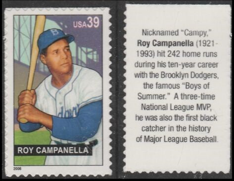 2006 Roy Campanella Baseball Black Heritage Single 39c Postage Stamp - MNH, OG - Scott 4080