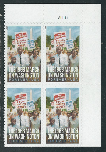 2013 1963 March on Washington Plate Block of 4 Forever Postage Stamps - MNH, OG - Scott 4804
