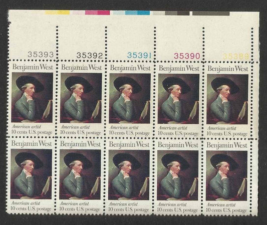 1975 Benjamin West American Artist Plate Block of 10 10c Postage Stamps - MNH, OG - Scott 1553