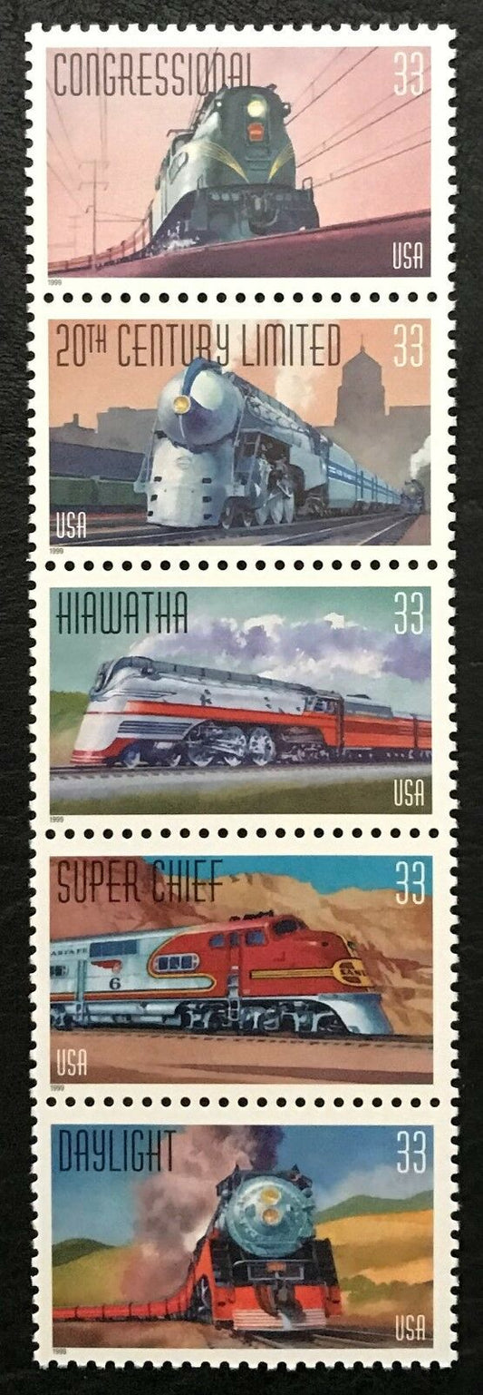 1999 Famous Trains - Strip of 5 33c Postage Stamps - MNH, OG - Scott 3333-3337