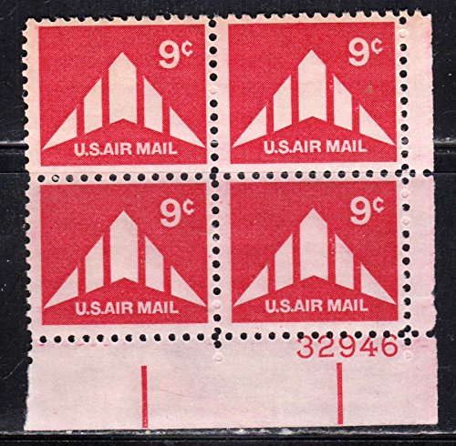 1971 DELTA WING PLANE  Plate Block of 4 9c Airmail Postage Stamps  - Scott C77  -  MNH,OG