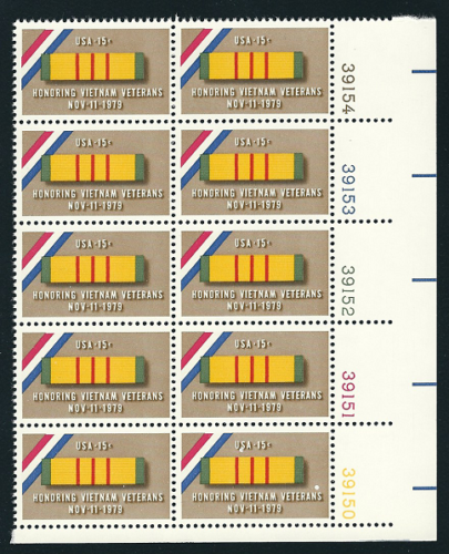 1979 Honoring Vietnam Veterans Plate Block Of 10 15c Postage Stamps - Scott 1802 - MNH, OG - CT73b