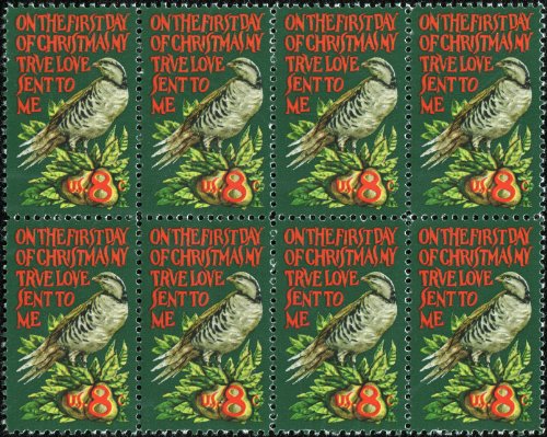 1971 Partridge in a Pear Tree Christmas Stamps/ Stickers - Block of 8 8c Postage Stamps - Scott 1445