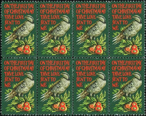 1971 Partridge in a Pear Tree Christmas Stamps/ Stickers - Block of 8 8c Postage Stamps - Sc# 1445
