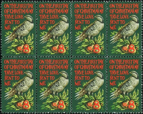1971 Partridge in a Pear Tree Christmas Stamps/ Stickers - Block of 8 8c Postage Stamps - Sc# 1445