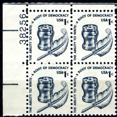 1975-81 Ability To Write Democracy Plate Block of 4 1c Postage Stamps - Sc# 1581 - MNH, OG - CX475
