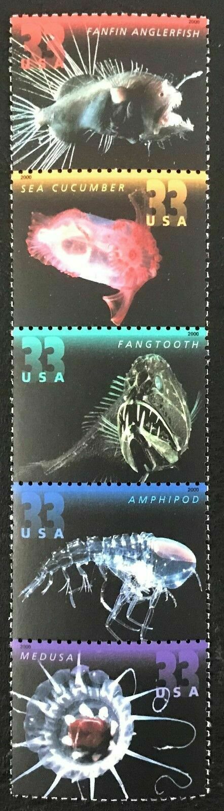 2000 Deep Sea Creatures Strip of 5 33c Postage Stamps - MNH, OG - Scott3439- 3443