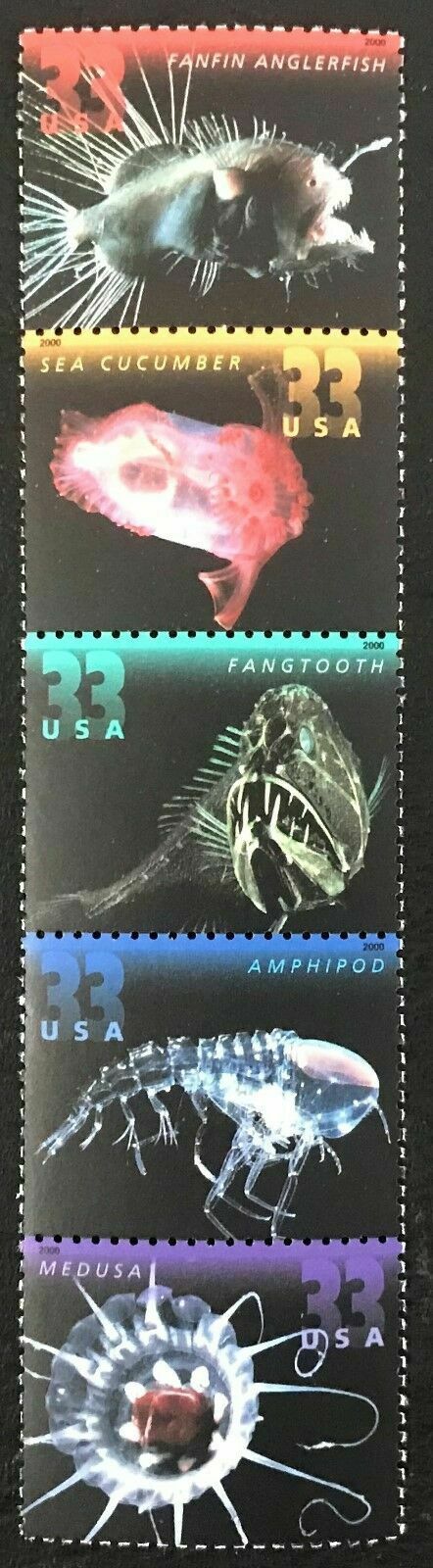 2000 Deep Sea Creatures Strip of 5 33c Postage Stamps - MNH, OG - Sc#3439- 3443