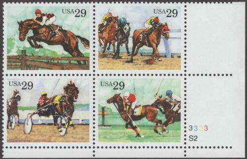 1993 Sporting Horses Plate Block of 4 29c Postage Stamps - MNH, OG - Scott 2756-2759