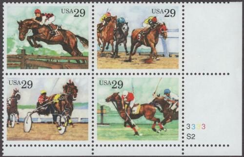 1993 Sporting Horses Plate Block of 4 29c Postage Stamps - MNH, OG - Sc# 2756-2759