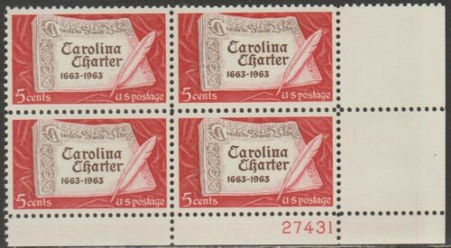 1963 Carolina Charter Plate Block Of 4 5c Postage Stamps - MNH, OG - Scott 1230 - CX279