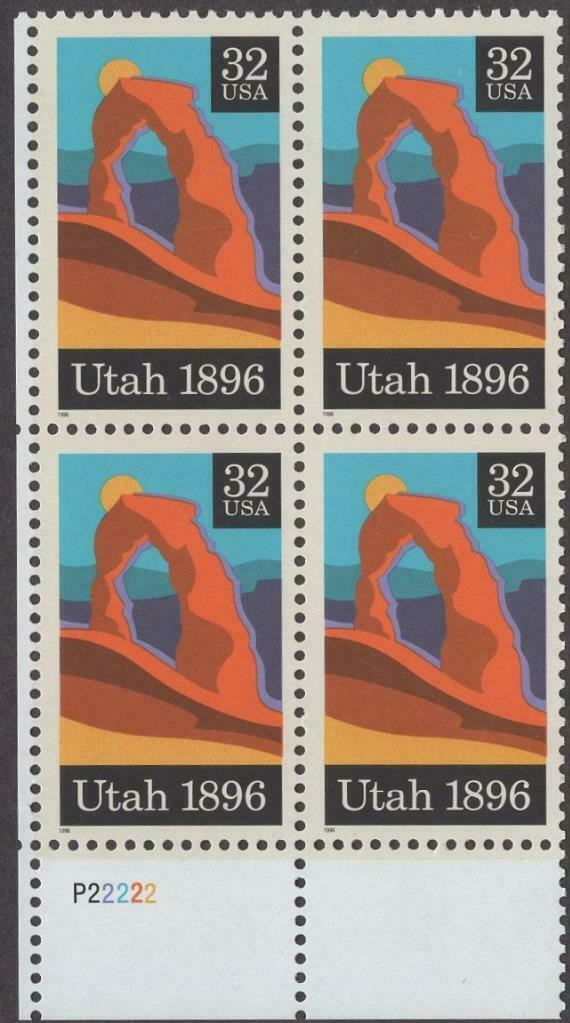 1996 Utah Statehood Centenary Plate Block of 4 32c Postage Stamps - MNH, OG - Sc# 3024
