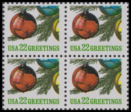 1987 Christmas Ornament Block of 4 22c Postage Stamps - MNH, OG - Scott 2368