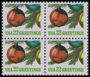 1987 Christmas Ornament Block of 4 22c Postage Stamps - MNH, OG - Sc# 2368