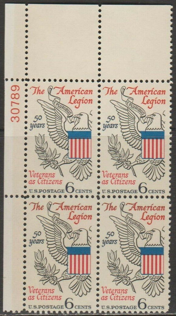 1969 American Legion Plate Block Of 4 6c Postage Stamps - MNH, OG - Sc# 1369 - CX354