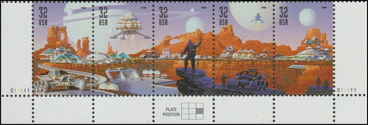 1998 Space Discovery Bottom Strip Of 5 Or 10 32c Postage Stamps - Scott 3238-3242 - MNH - CW42b