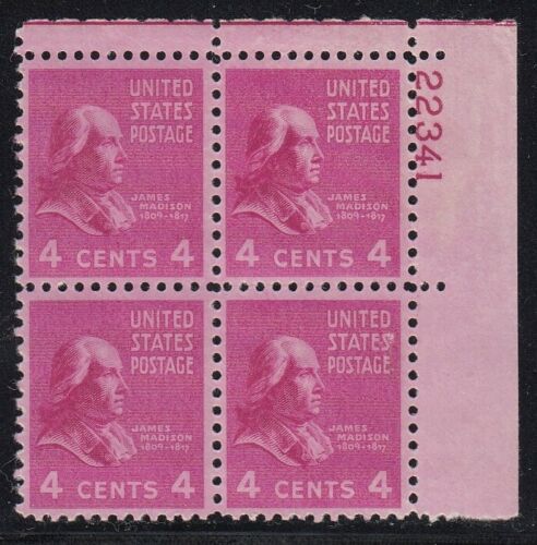 1938 President James Madison Plate Block of 4 4cPostage Stamps -  Sc# 808 - MNH,OG