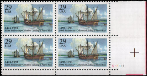 1993 Columbus Landing in Puerto Rico Plate Block of 4 29c Postage Stamps - MNH, OG - Scott 2805