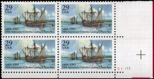 1993 Columbus Landing in Puerto Rico Plate Block of 4 29c Postage Stamps - MNH, OG - Sc# 2805