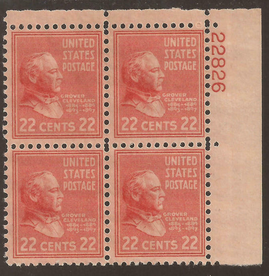 1938 President Grover Cleveland Plate Block of 4 22c Postage Stamps - Scott 827 - MNH,OG