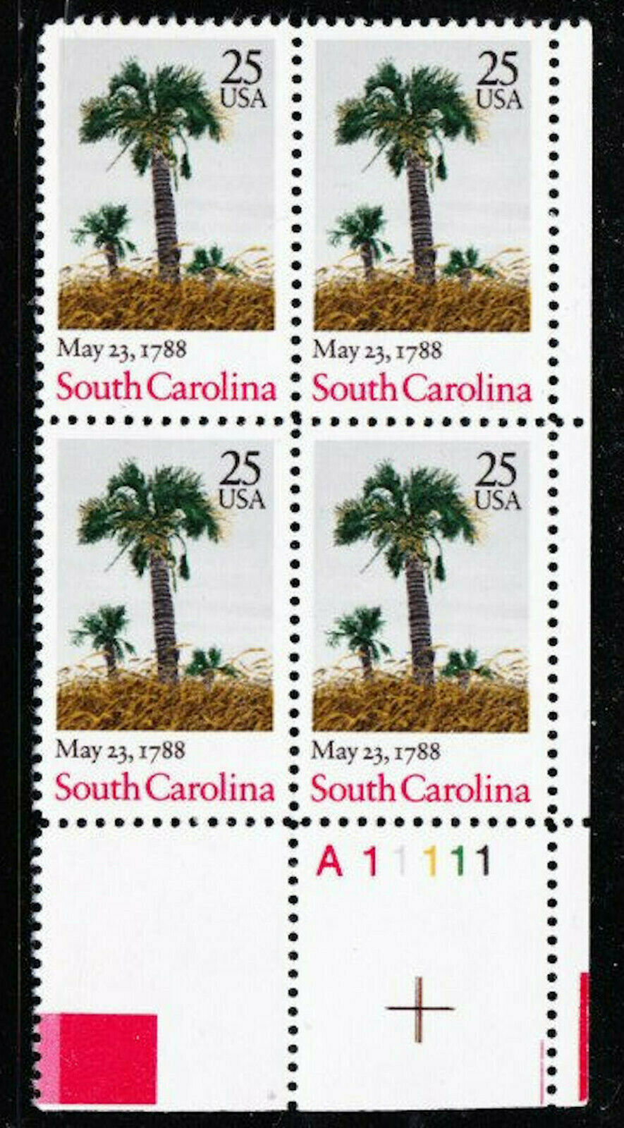 1988 South Carolina - Constitution Ratification Plate Block Of 4 25c Stamps Scott 2343 - MNH, OG - CX869a