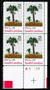 1988 South Carolina - Constitution Ratification Plate Block Of 4 25c Stamps - Sc 2343 - MNH, OG - CX869a