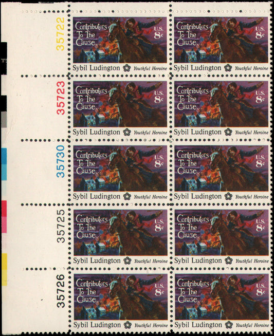 1975 Sybil Ludington Contributors To The Cause Plate Block Of 10 8c Postage Stamps - Scott 1559 - MNH, OG - CT78b