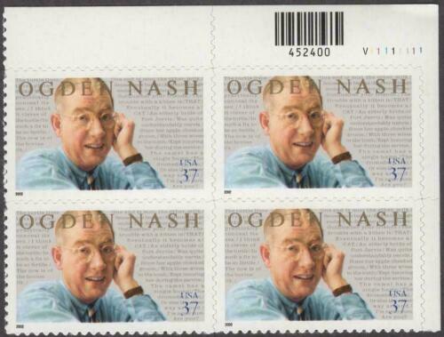 2002 Ogden Nash Plate Block of 4 37c Postage Stamps - Scott 3659 - MNH, OG - DC119