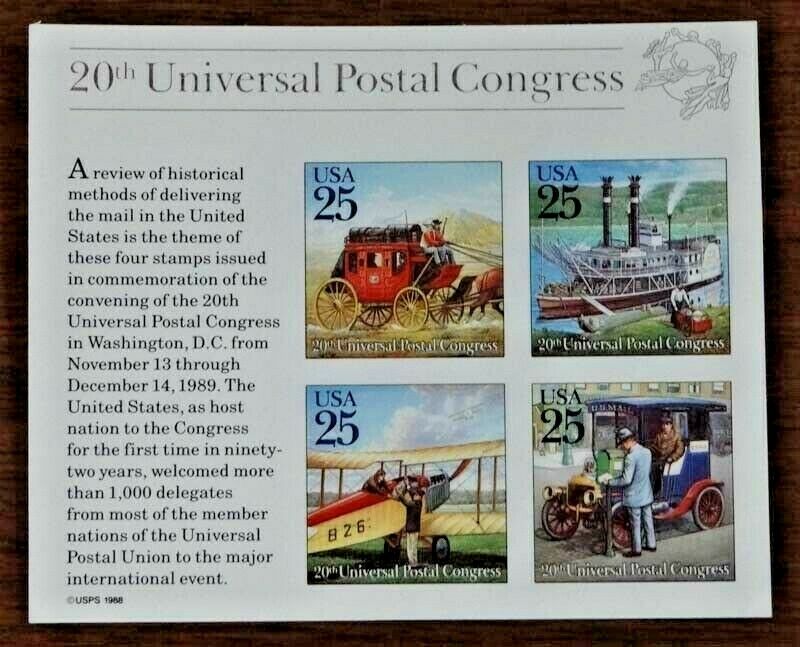 1989 UPU Universal Postal Union Souvenir Sheet Of 4 25c Postage Stamps - Scott 2438 - MNH, OG - CW277