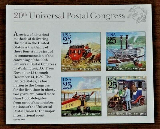 1989 UPU Universal Postal Union Souvenir Sheet Of 4 25c Postage Stamps - Scott 2438 - MNH, OG - CW277