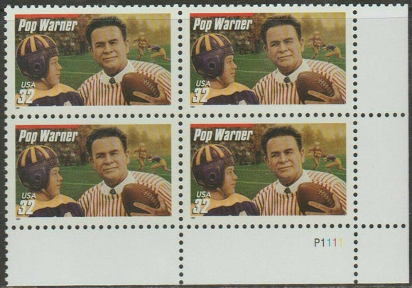 1997 Pop Warner Plate Block of 4 32c Postage Stamps - MNH, OG - Sc# 3149