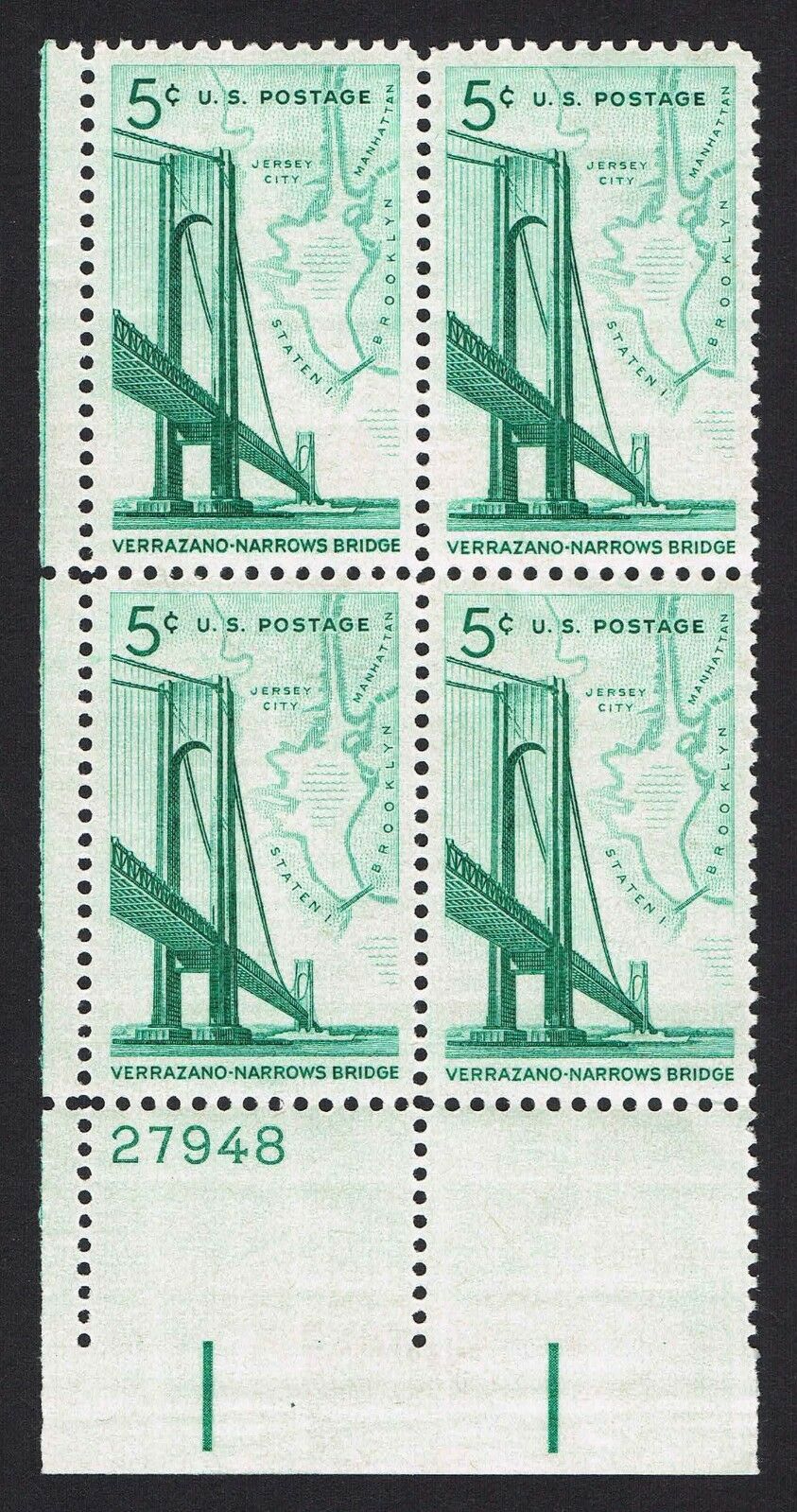 1965 Verrazano-Narrows Bridge, New York Plate Block Of 4 5c Postage Stamps - MNH, OG - Scott 1258 - CX283